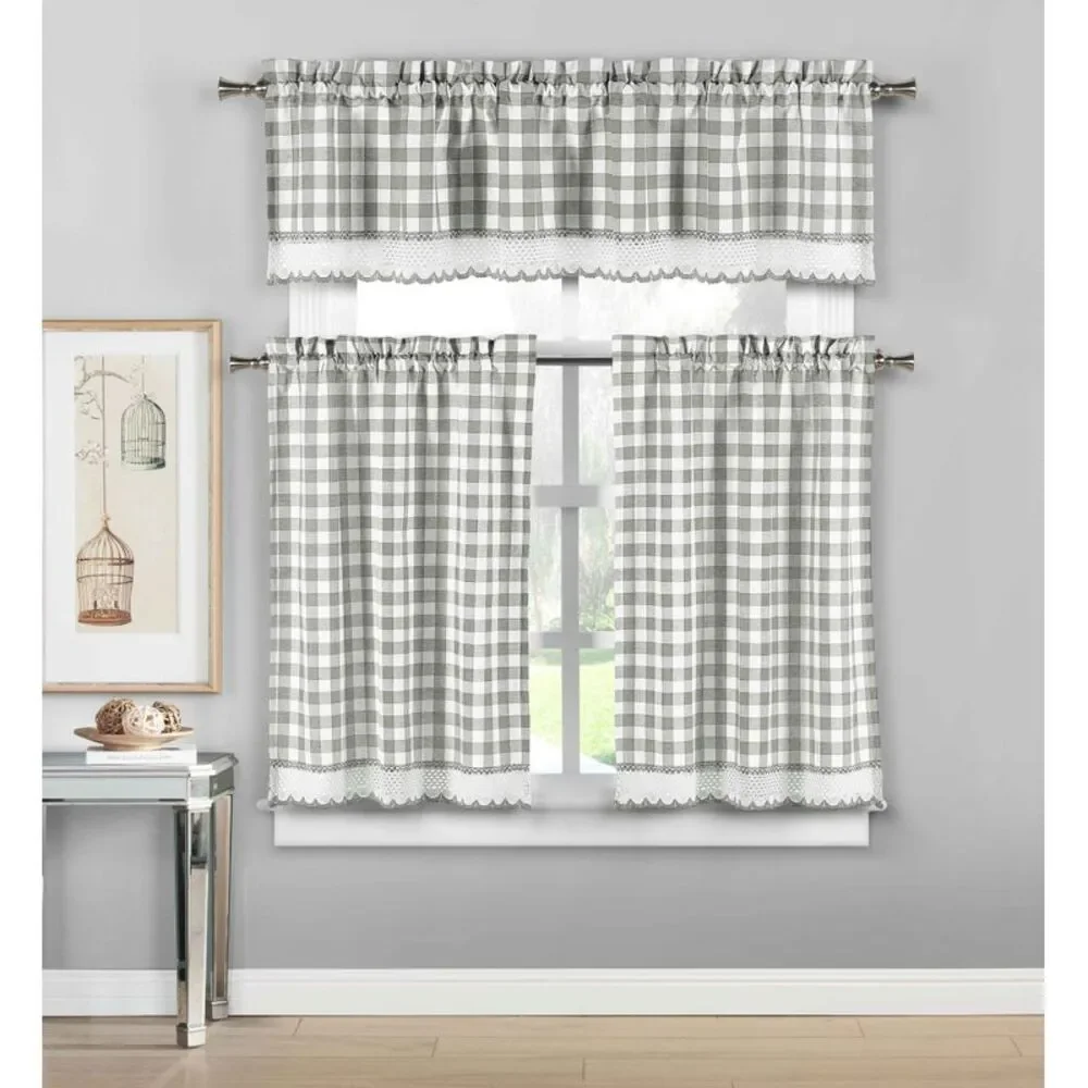3 Piece Plaid, Checkered, Gingham Kitchen Curtain Set: 35% Cotton, 1 Valance, 2